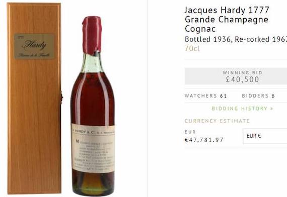 Bouteille Cognac 1777 vendue aux encheres pres de 48000 euros