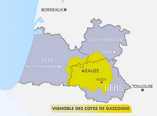Carte du vignoble des cotes de Gascogne AOC appelation